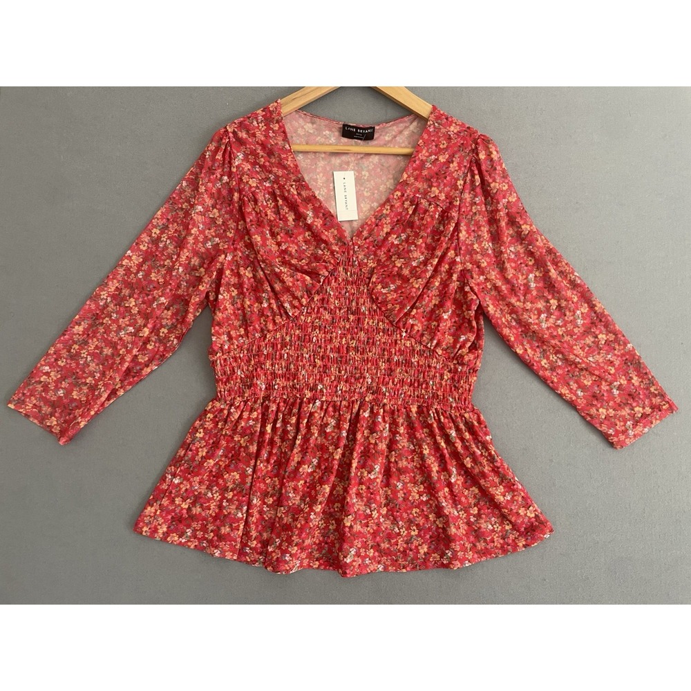Lane Bryant Women 14/16 Blouse Mesh Top Babydoll Smocked‎ Red Ditzy Floral Fairy